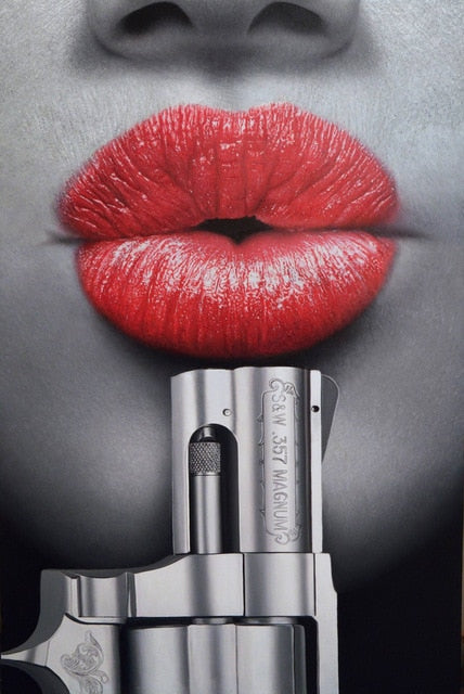 Sexy Red Lips Bite Money and Earth Wall Art Broker Decor