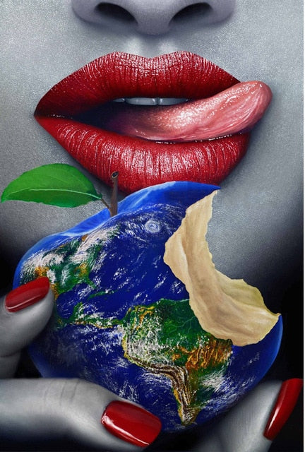 Sexy Red Lips Bite Money and Earth Wall Art Broker Decor