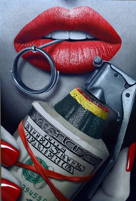 Sexy Red Lips Bite Money and Earth Wall Art Broker Decor