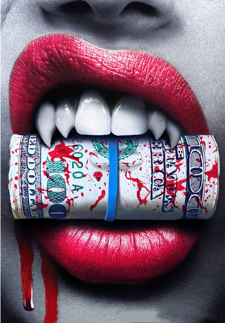 Sexy Red Lips Bite Money and Earth Wall Art Broker Decor