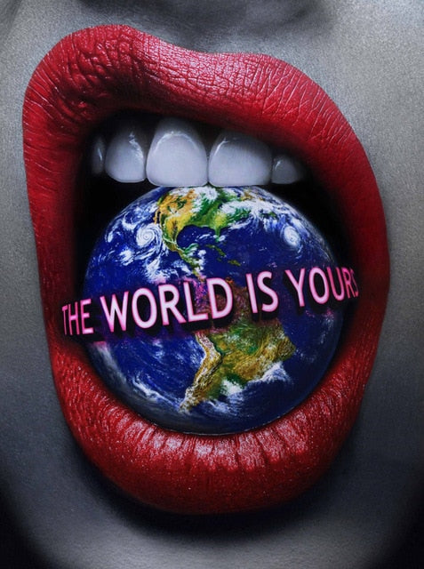 Sexy Red Lips Bite Money and Earth Wall Art Broker Decor