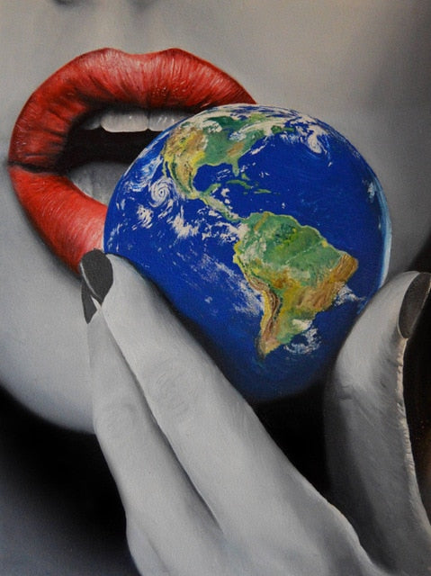 Sexy Red Lips Bite Money and Earth Wall Art Broker Decor