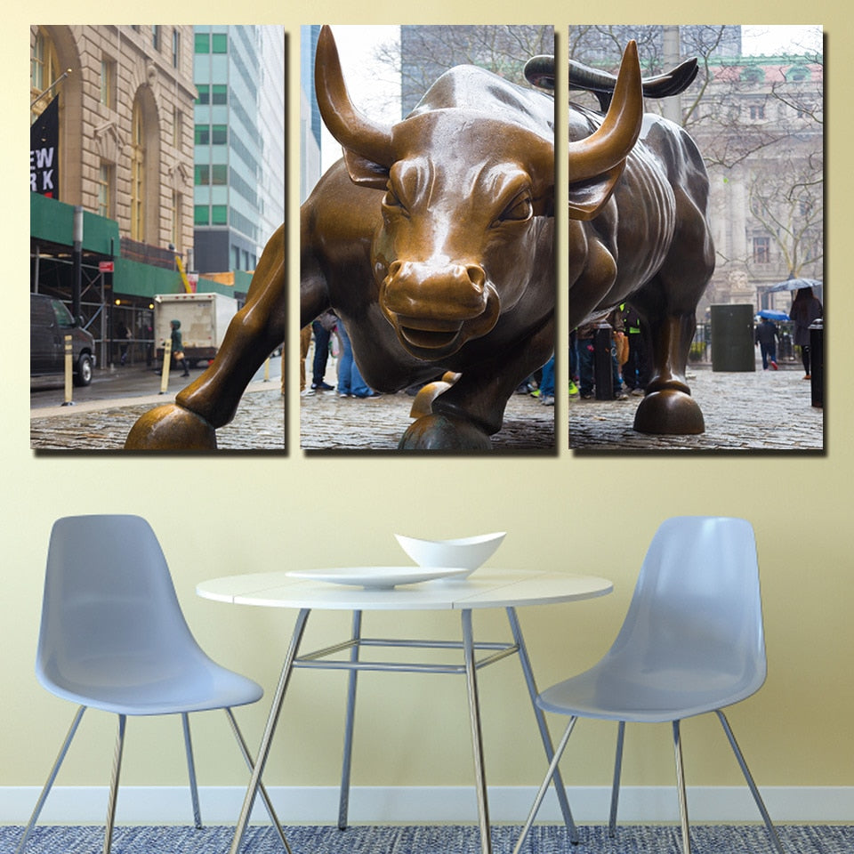 HD Printed 3 Piece bull market wall street art prints broker decor