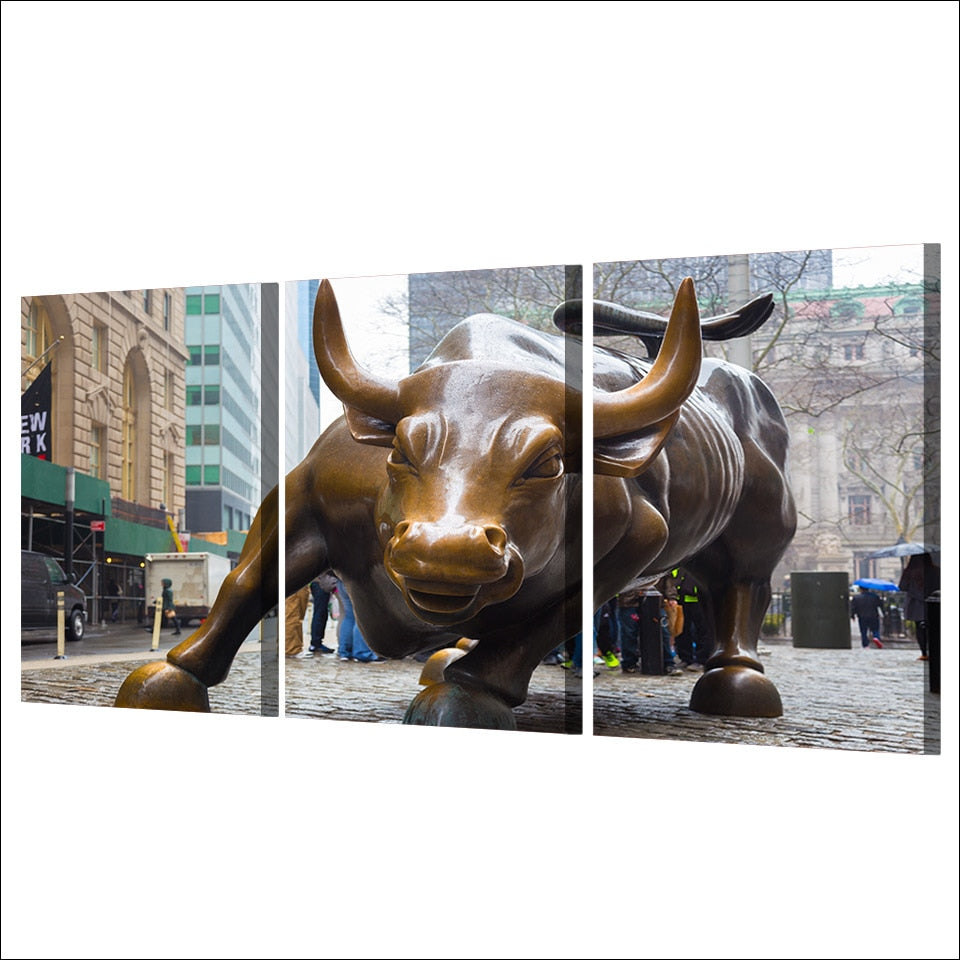 HD Printed 3 Piece bull market wall street art prints broker decor