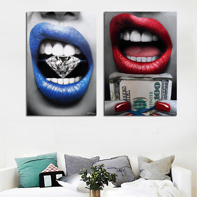 Blue Mouth With Diamond and Money Canvas Painting Wall Art
