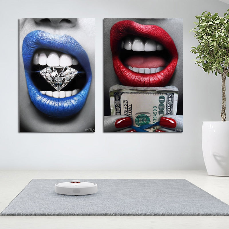 Blue Mouth With Diamond and Money Canvas Painting Wall Art