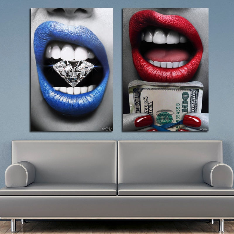 Blue Mouth With Diamond and Money Canvas Painting Wall Art