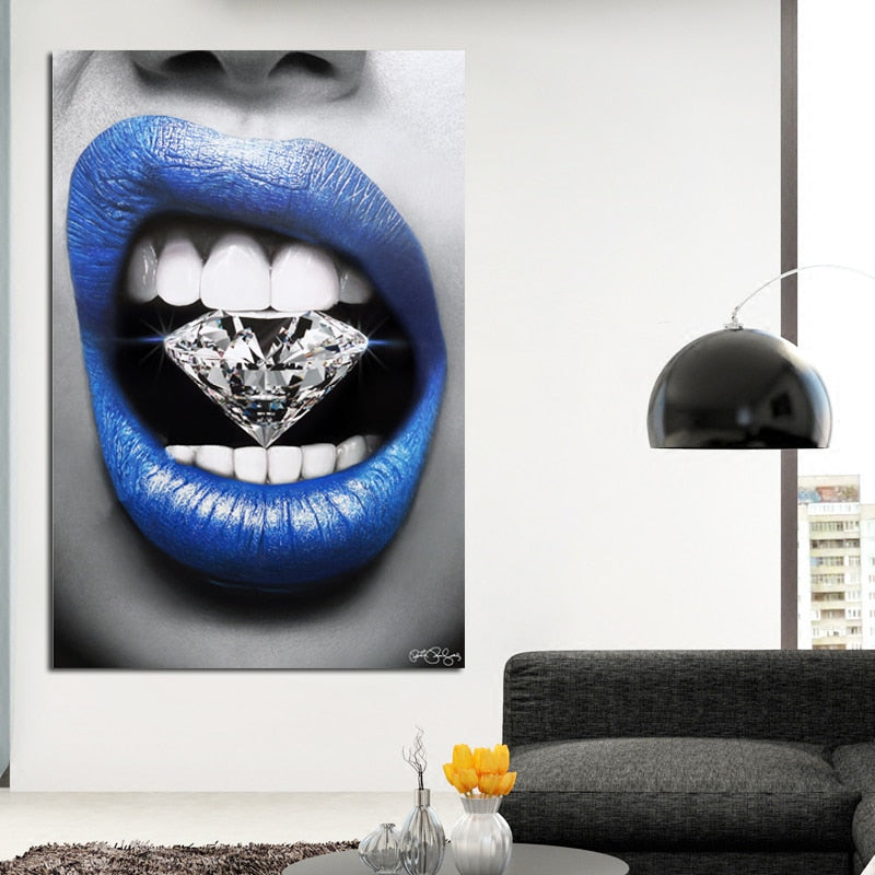 Blue Mouth With Diamond and Money Canvas Painting Wall Art