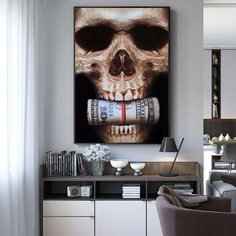 Abstract wall Art Canvas Prints Skull With Money Wall Art Broker Decor