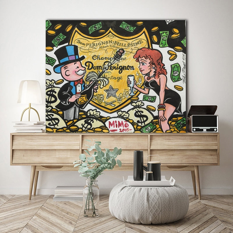 Champagne Money Poster Alec Monopoly guy Painting On Canvas Broker Decor