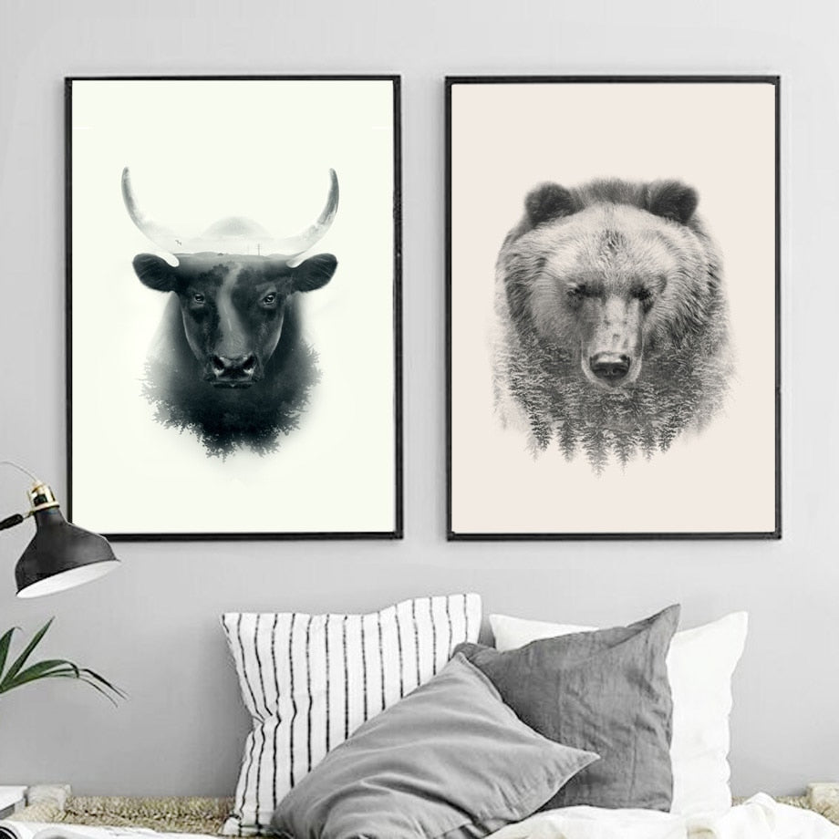 Bull Bear Wolf Abstract Poster And Prints Wall Art Canvas Painting