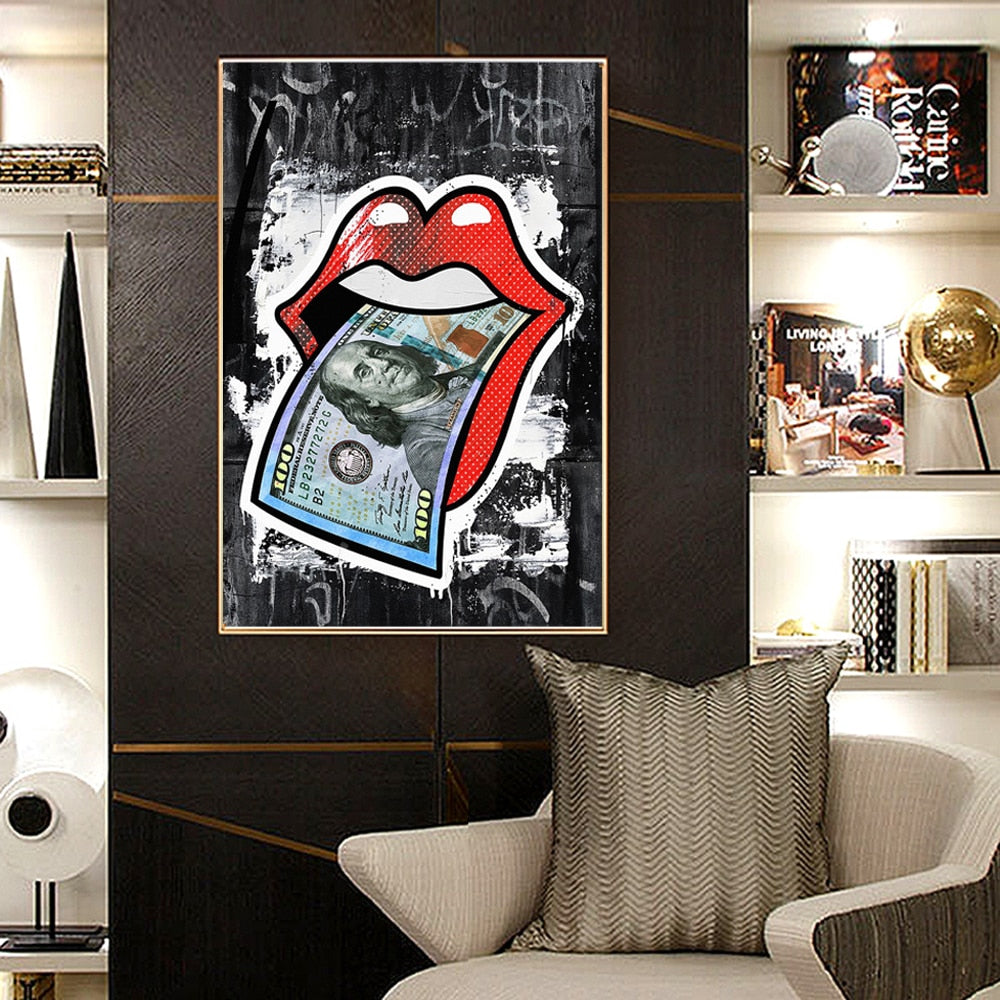 Sexy Red Lips Money Modern Canvas Painting Broker Decor
