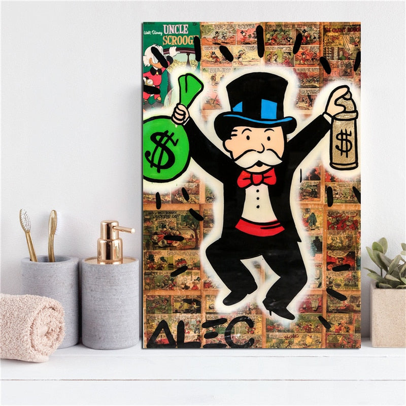 Alec Monopolies Man With Money Bag Canvas Painting Broker Decor