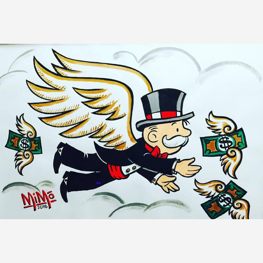 Handpainted canvas oil painting street fly angel money wall decor graffiti art painting