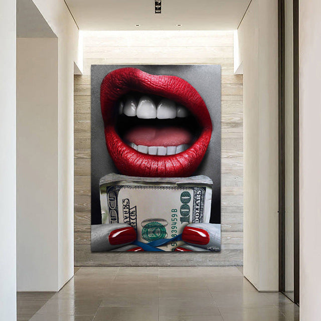 Blue Mouth With Diamond and Money Canvas Painting Wall Art