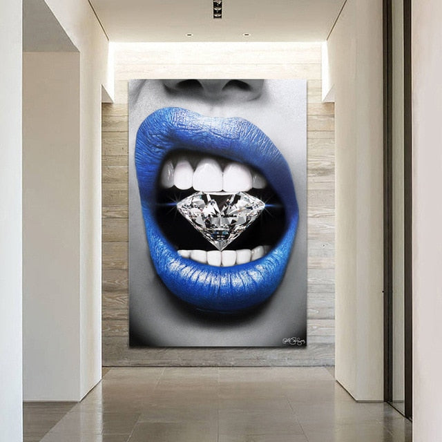 Blue Mouth With Diamond and Money Canvas Painting Wall Art