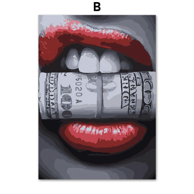 Sexy Red Lips Gold and Money Wall Art Broker Decor