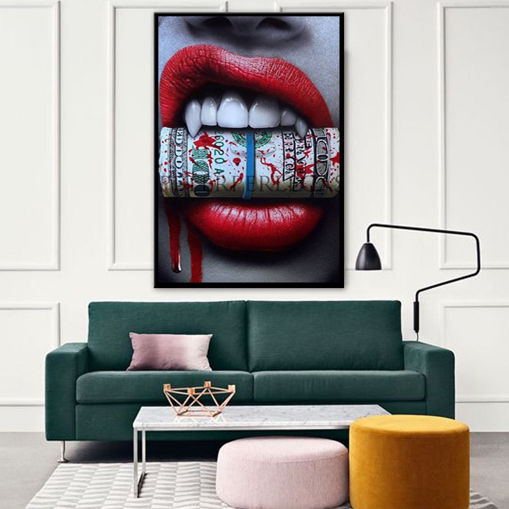 Sexy Red Lips Smoking Money Broker Decor