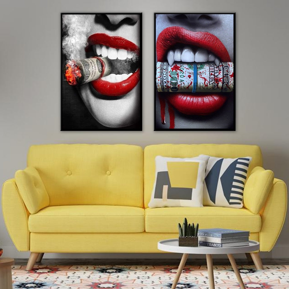 Sexy Red Lips Smoking Money Broker Decor