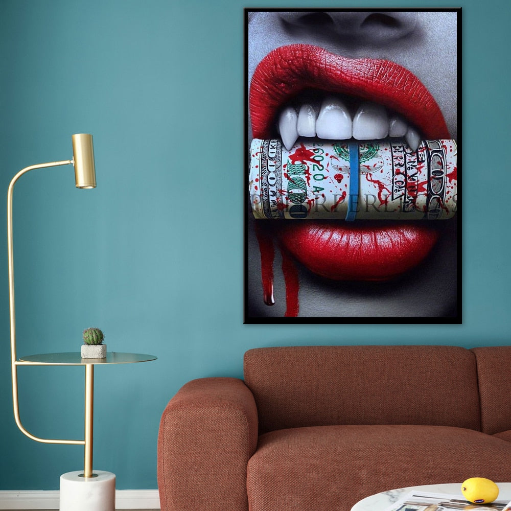 Sexy Red Lips Smoking Money Broker Decor