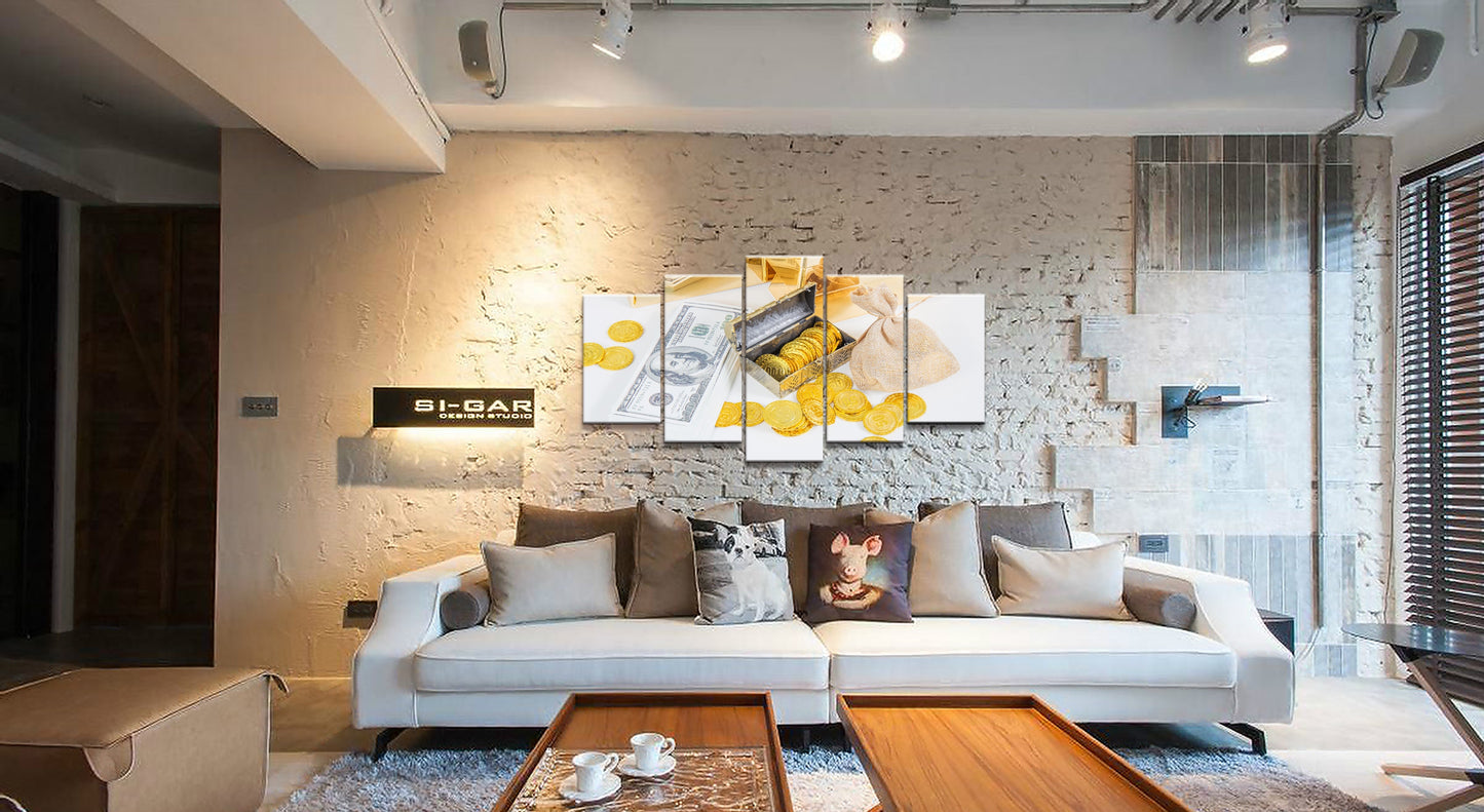 5 Panel Wealth, Money, Gold Coins Poster Broker Decor