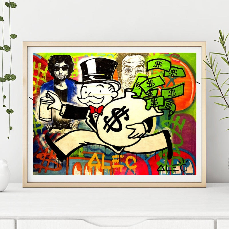 Running with Money Alec Monopoly Guy Canvas Painting Oil Print Broker Decor