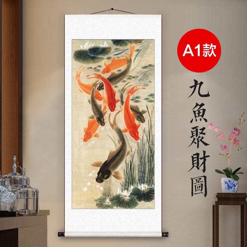 9 fishes Money Drawing GOOD Luck Mascot FENG SHUI ART silk painting
