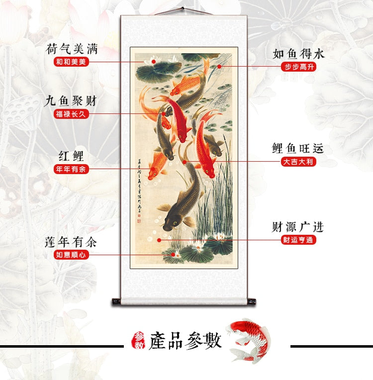 9 fishes Money Drawing GOOD Luck Mascot FENG SHUI ART silk painting