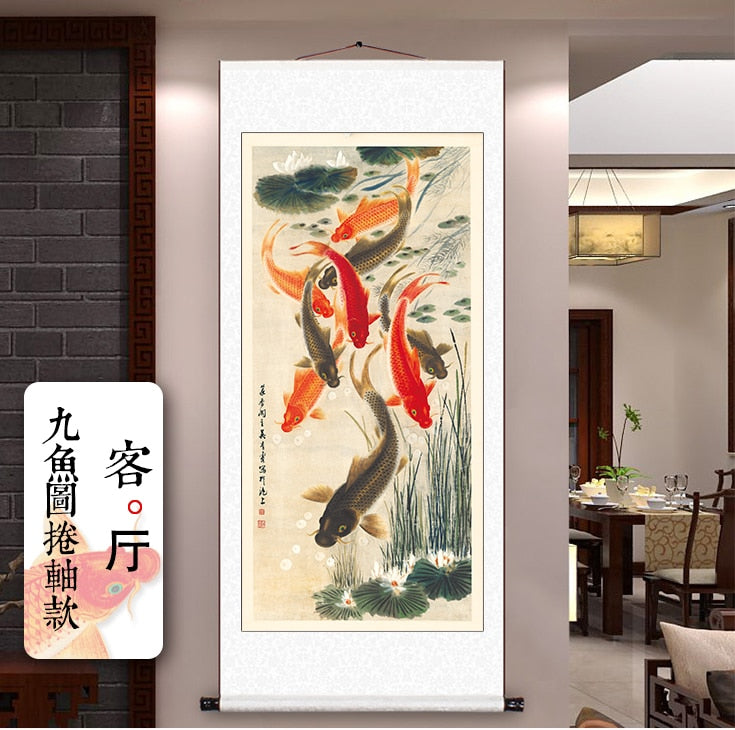 9 fishes Money Drawing GOOD Luck Mascot FENG SHUI ART silk painting