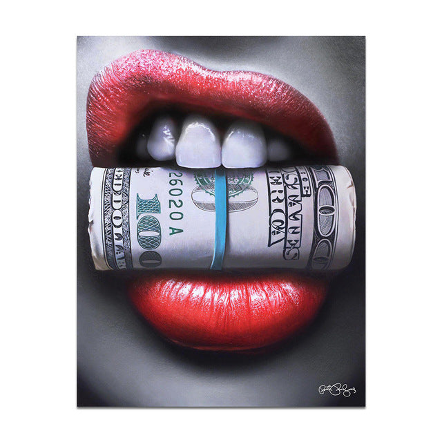 Woman Sexy Red Lips Money Posters Print on Canvas Wall Art Picture for Living Room Office Home Decor No Frame