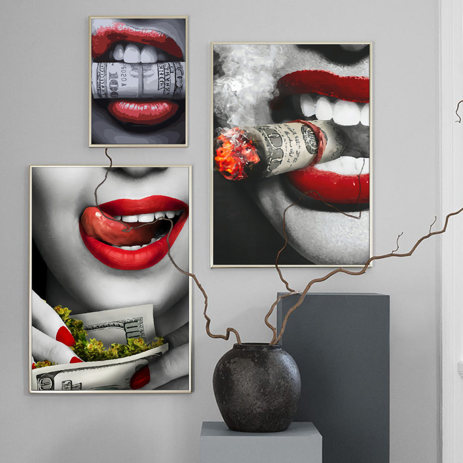 Abstract Sexy Girl Red Lips Gold Money Wall Art Broker Decor