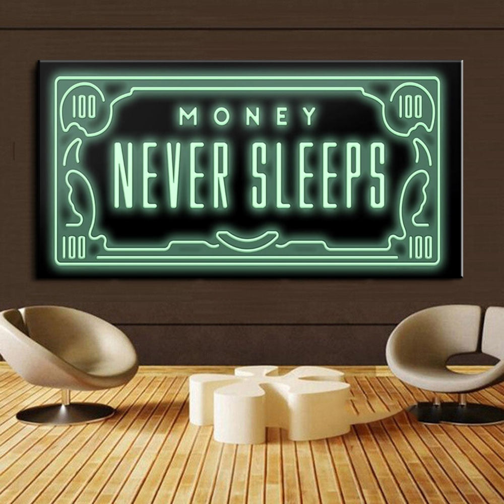 Office Hanging Painting Text "Money Never Sleeps" Inspirational Broker Decor Painting Wall Art