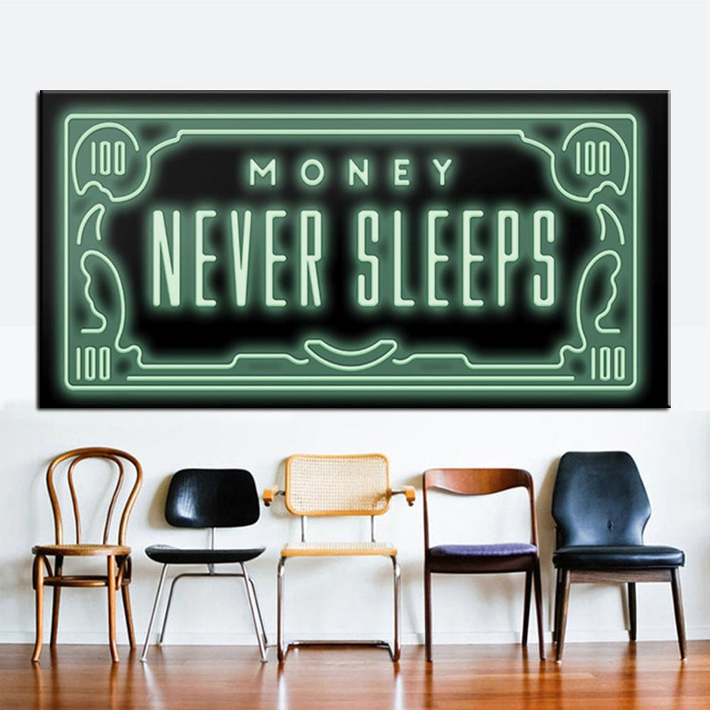 Office Hanging Painting Text "Money Never Sleeps" Inspirational Broker Decor Painting Wall Art