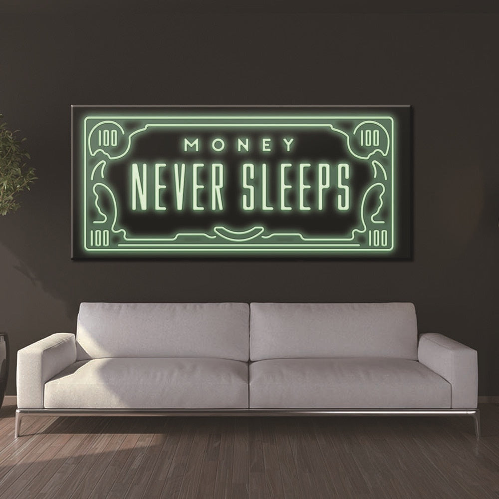 Office Hanging Painting Text "Money Never Sleeps" Inspirational Broker Decor Painting Wall Art