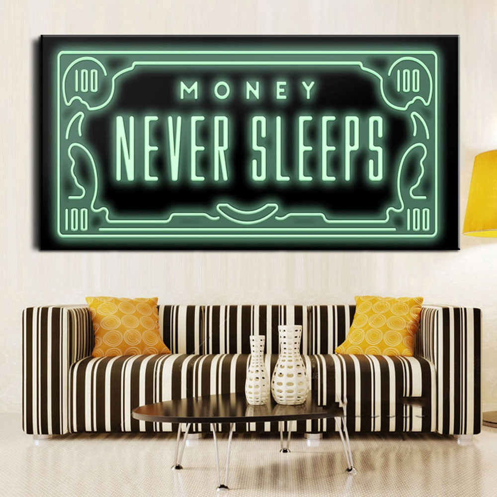 Office Hanging Painting Text "Money Never Sleeps" Inspirational Broker Decor Painting Wall Art