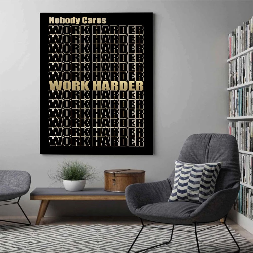1 Piece printed Painting WORK HARDER GOLD Framed Canvas Wall Art