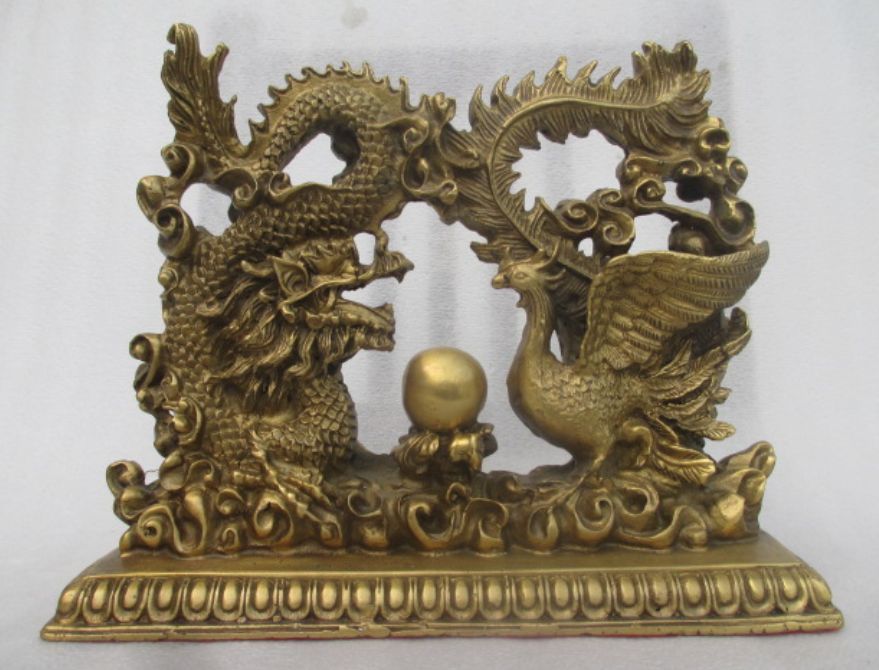 8.07 inch/ Bronze statue of the auspicious longfeng Chinese antique collection