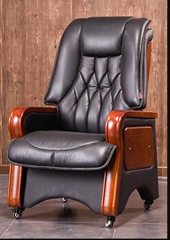Real leather reclining chair. Solid wood four-legged computer chair. Fixed armrest leather art office chair
