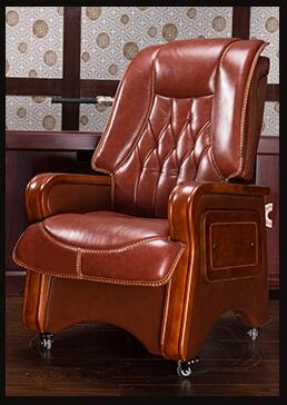 Real leather reclining chair. Solid wood four-legged computer chair. Fixed armrest leather art office chair