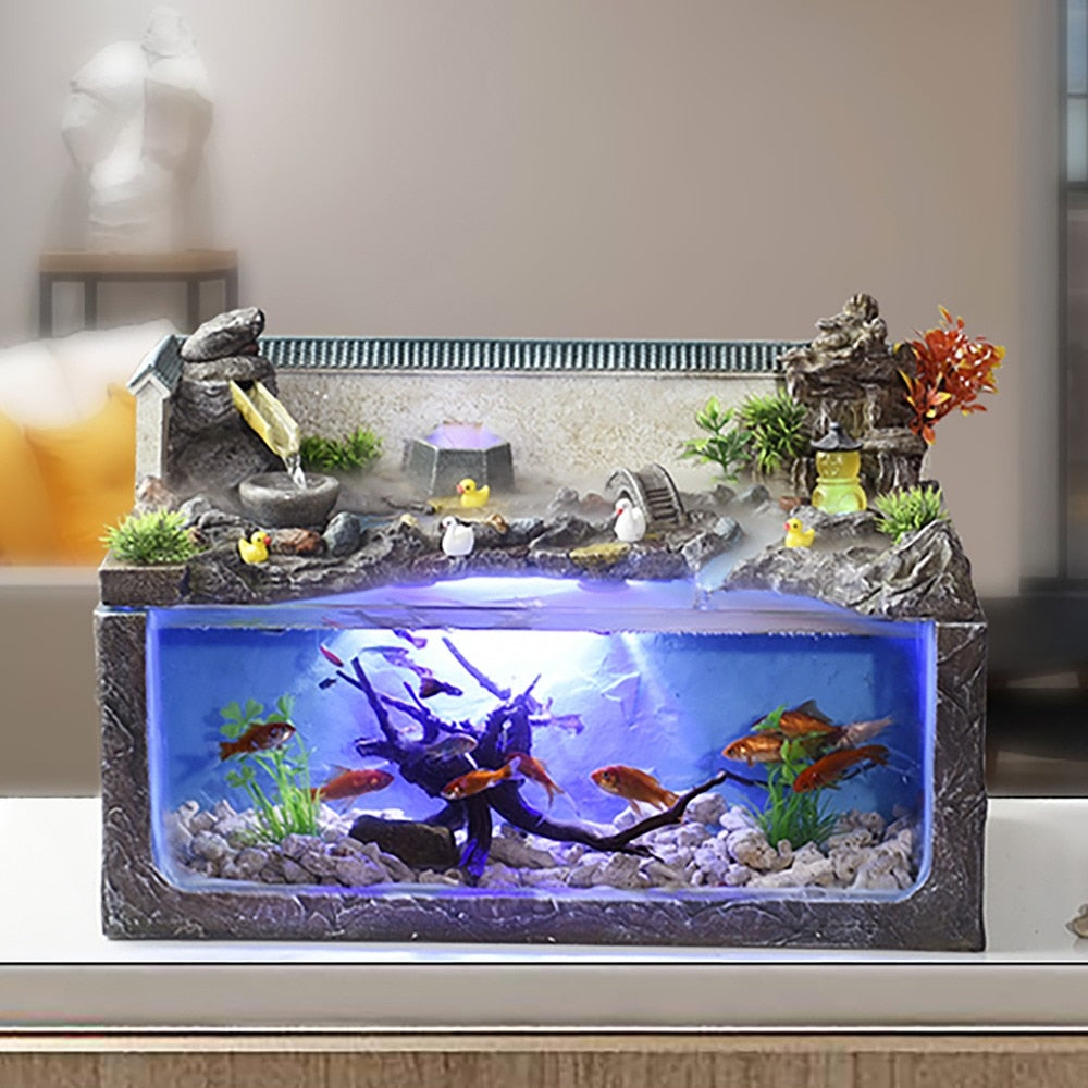 ecological fish tank desktop home fountain landscape aquarium wind water wheel ornaments Office decorations Retro Chinese Europe
