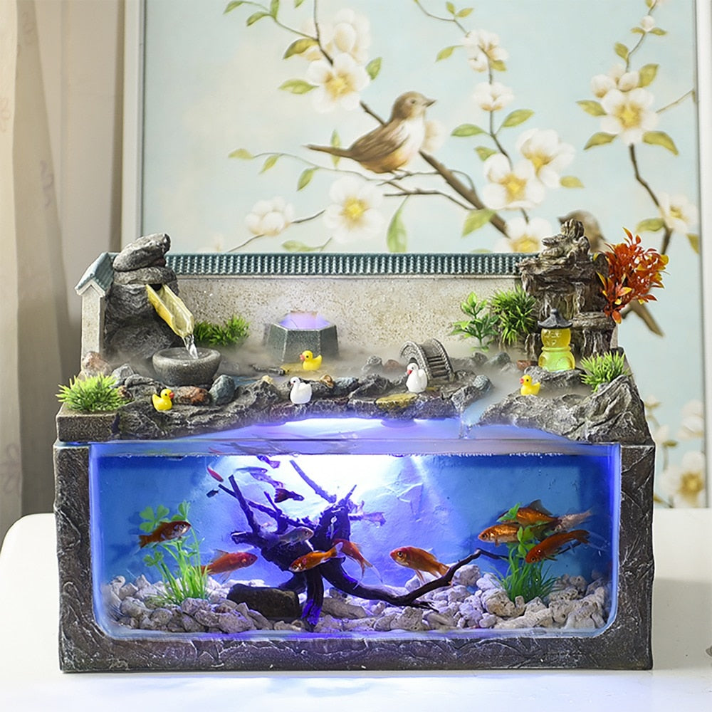 ecological fish tank desktop home fountain landscape aquarium wind water wheel ornaments Office decorations Retro Chinese Europe