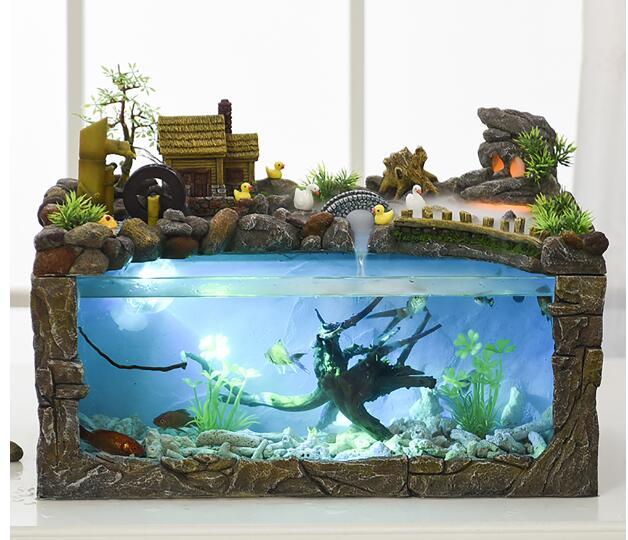 ecological fish tank desktop home fountain landscape aquarium wind water wheel ornaments Office decorations Retro Chinese Europe