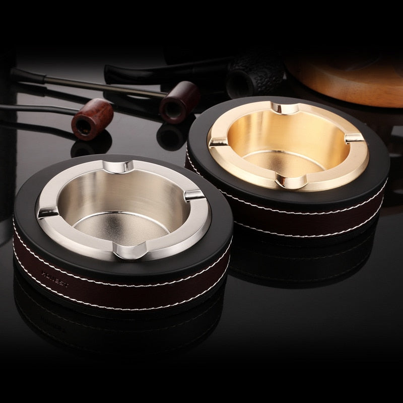 Luxury Oval Golden & Silver Cigar Ashtray Leather Metal Smoking Office Table Accessories