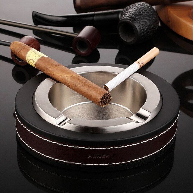 Luxury Oval Golden & Silver Cigar Ashtray Leather Metal Smoking Office Table Accessories