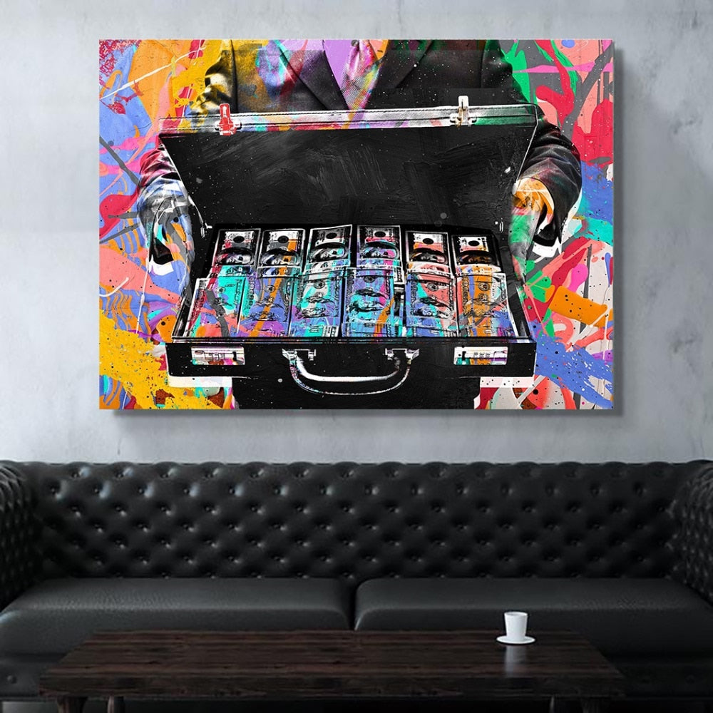 Money Briefcase Paintings canvas Posters Decor Abstract Colorful Home Office
