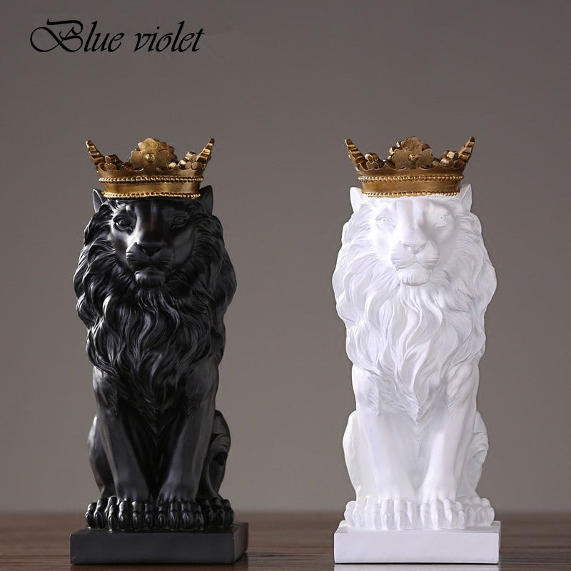 Golden Crown Black lion Statue Animal Figurine Sculpture For Home office broker Decor