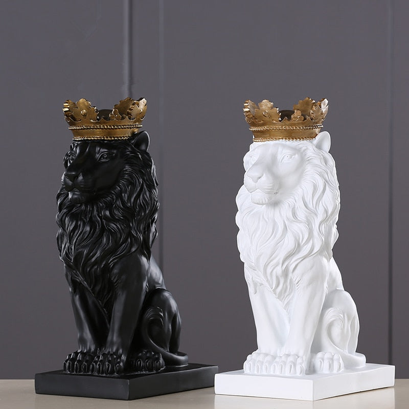 Golden Crown Black lion Statue Animal Figurine Sculpture For Home office broker Decor