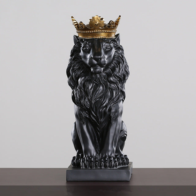 Golden Crown Black lion Statue Animal Figurine Sculpture For Home office broker Decor