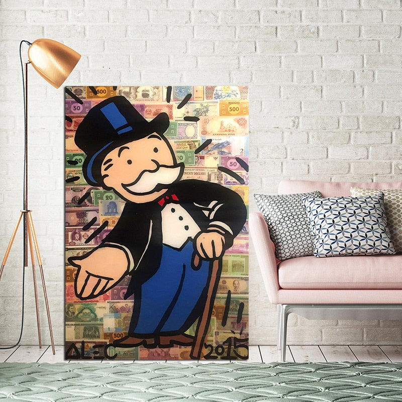 Monopoly Guy Graffiti Money Street Art Canvas Painting Wall Picture Poster Office Broker Decor
