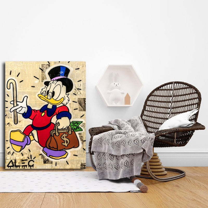 Scrooge Carrying Money Handbag Cane Canvas Prints Wall Art Broker Decoration